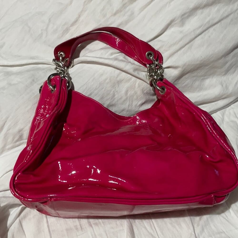 Nordstrom hot pink patent leather silver 2 straps chain hardware handled euc